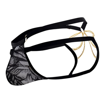 Black lace men’s bikini underwear with gold chain detailing from candyman 99598 collection