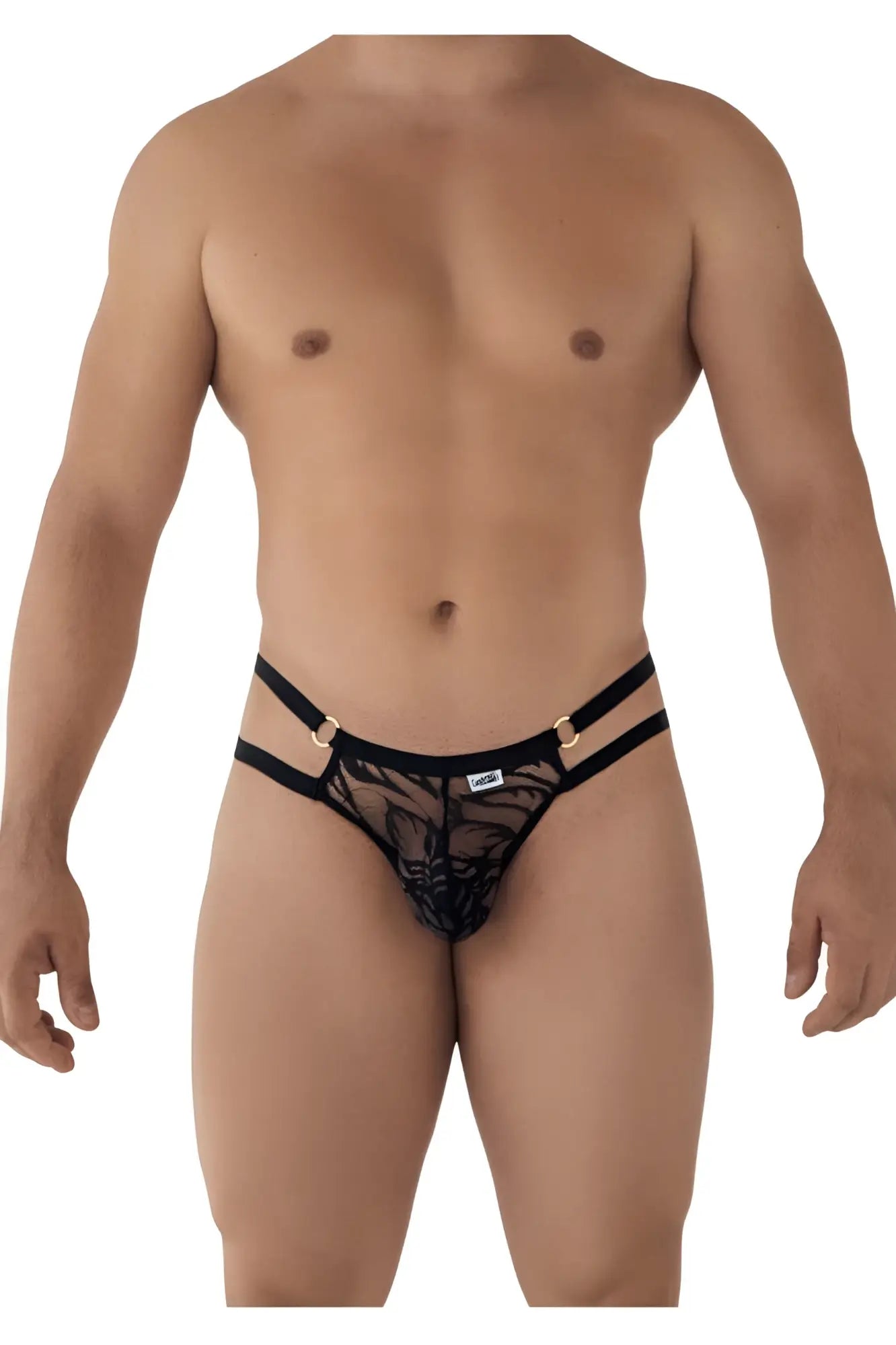 Candyman 99598 black lace thong bikini with floral pattern and adjustable straps shown from the back side