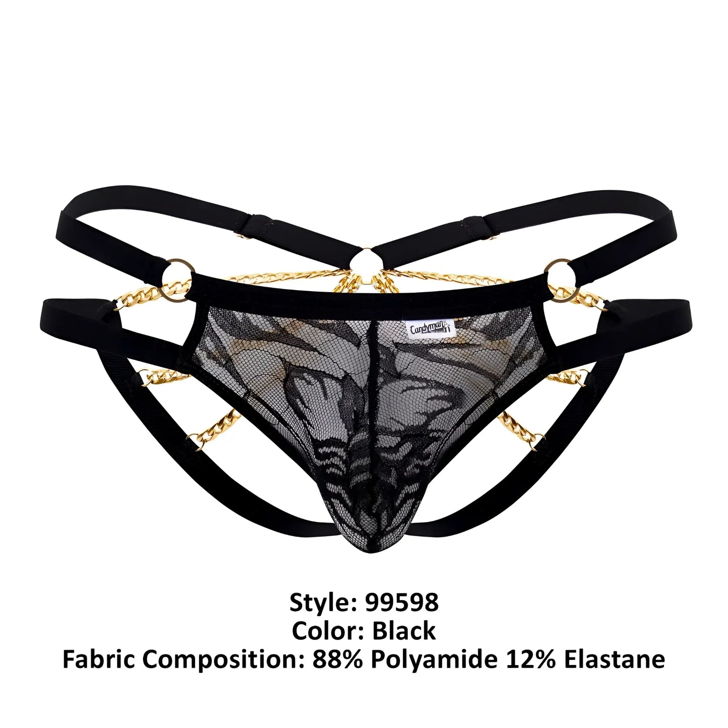 Black lace thong bikini with gold chain detailing and adjustable straps from candyman 99598 in black color