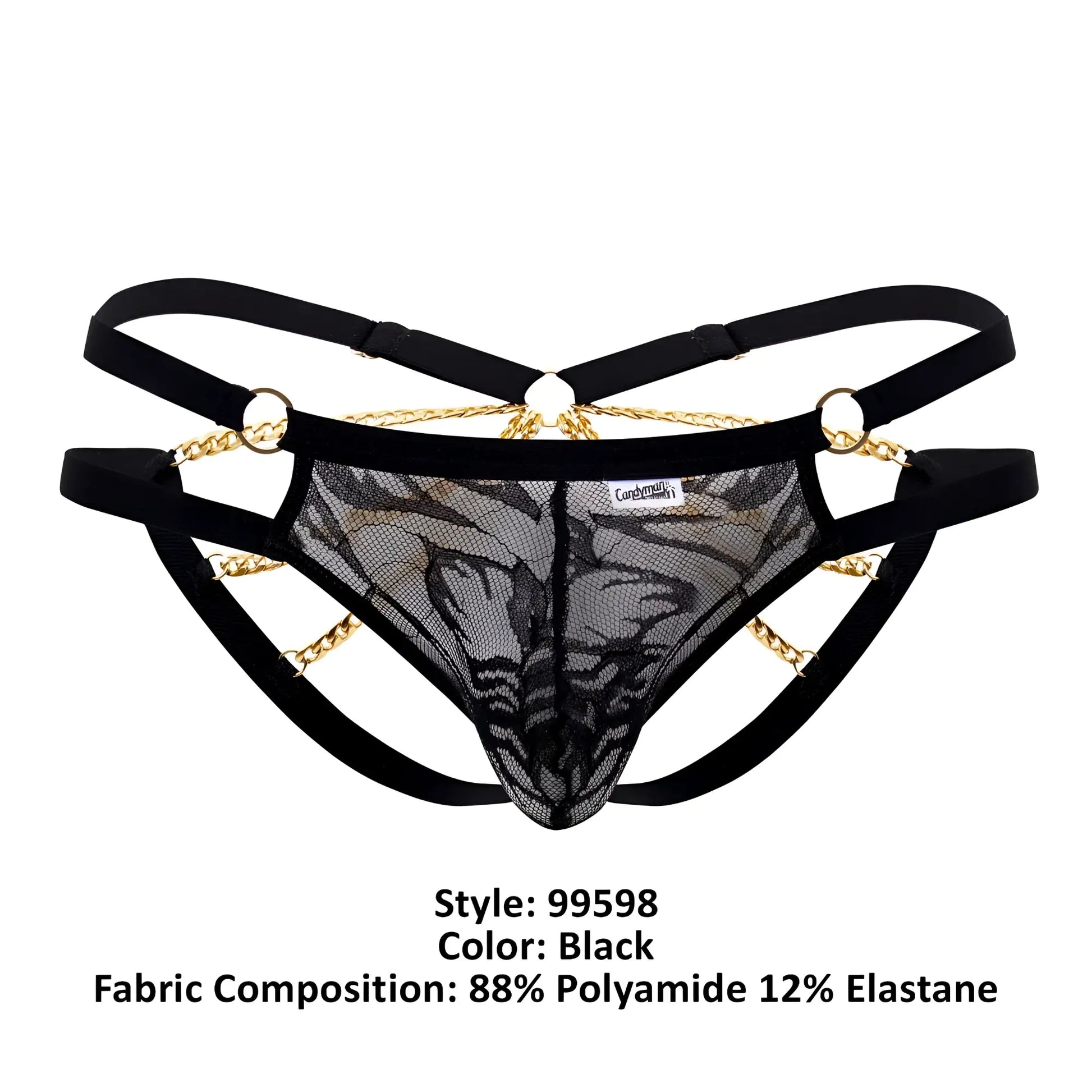 Black lace thong bikini with gold chain detailing and adjustable straps from candyman 99598 in black color