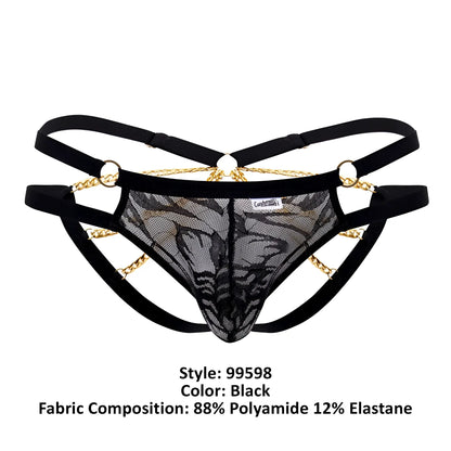Black lace thong bikini with gold chain detailing and adjustable straps from candyman 99598 in black color