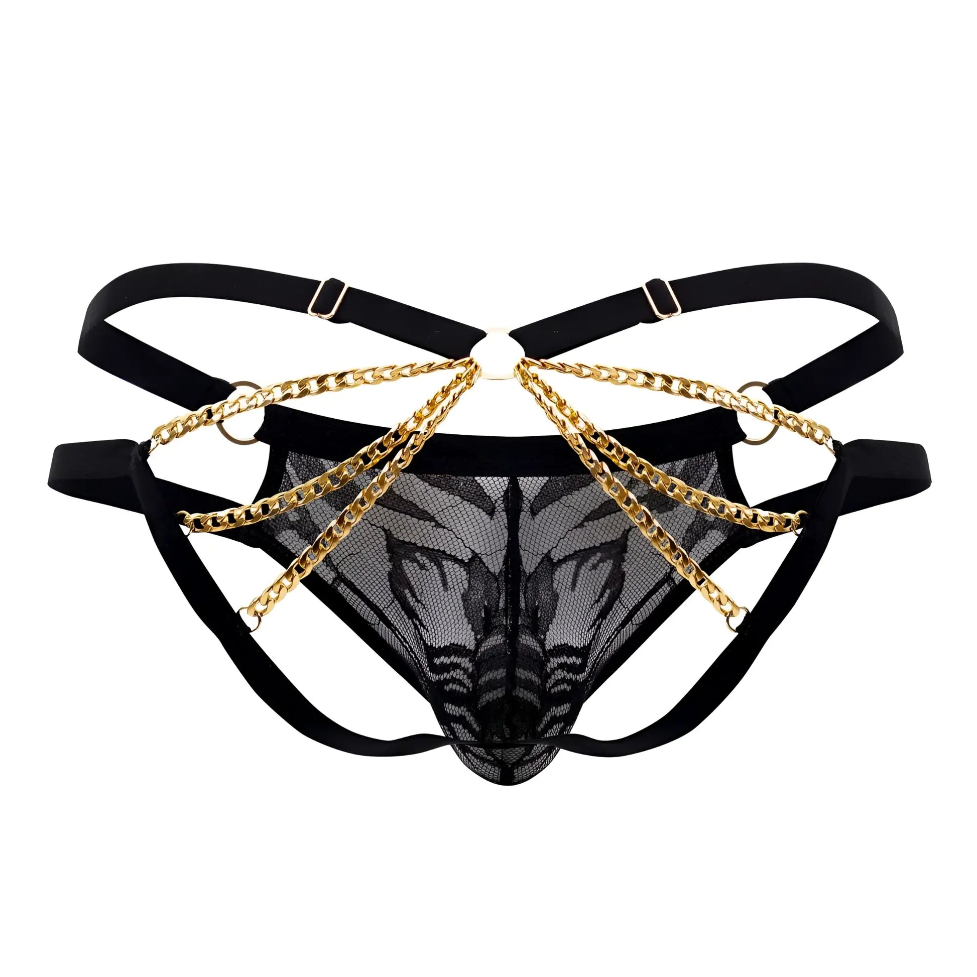 Black lace thong with gold chain detailing and adjustable straps from candyman 99598 lace and chain bikini collection