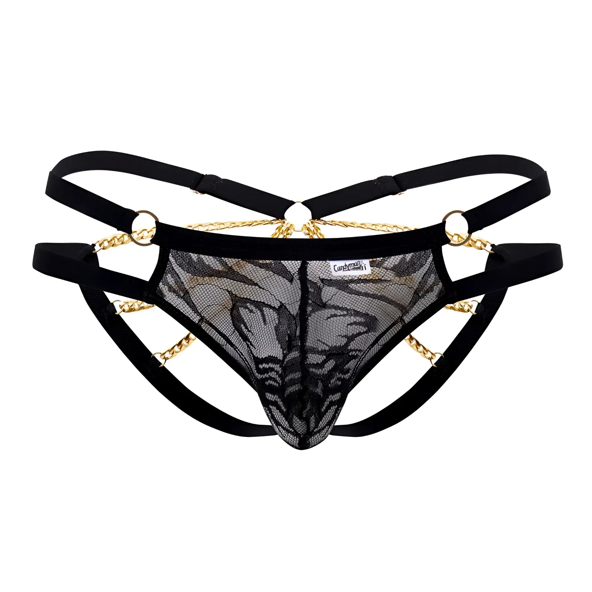 Black lace thong bikini with gold chain detailing and adjustable black straps by candyman 99598 lace and chain