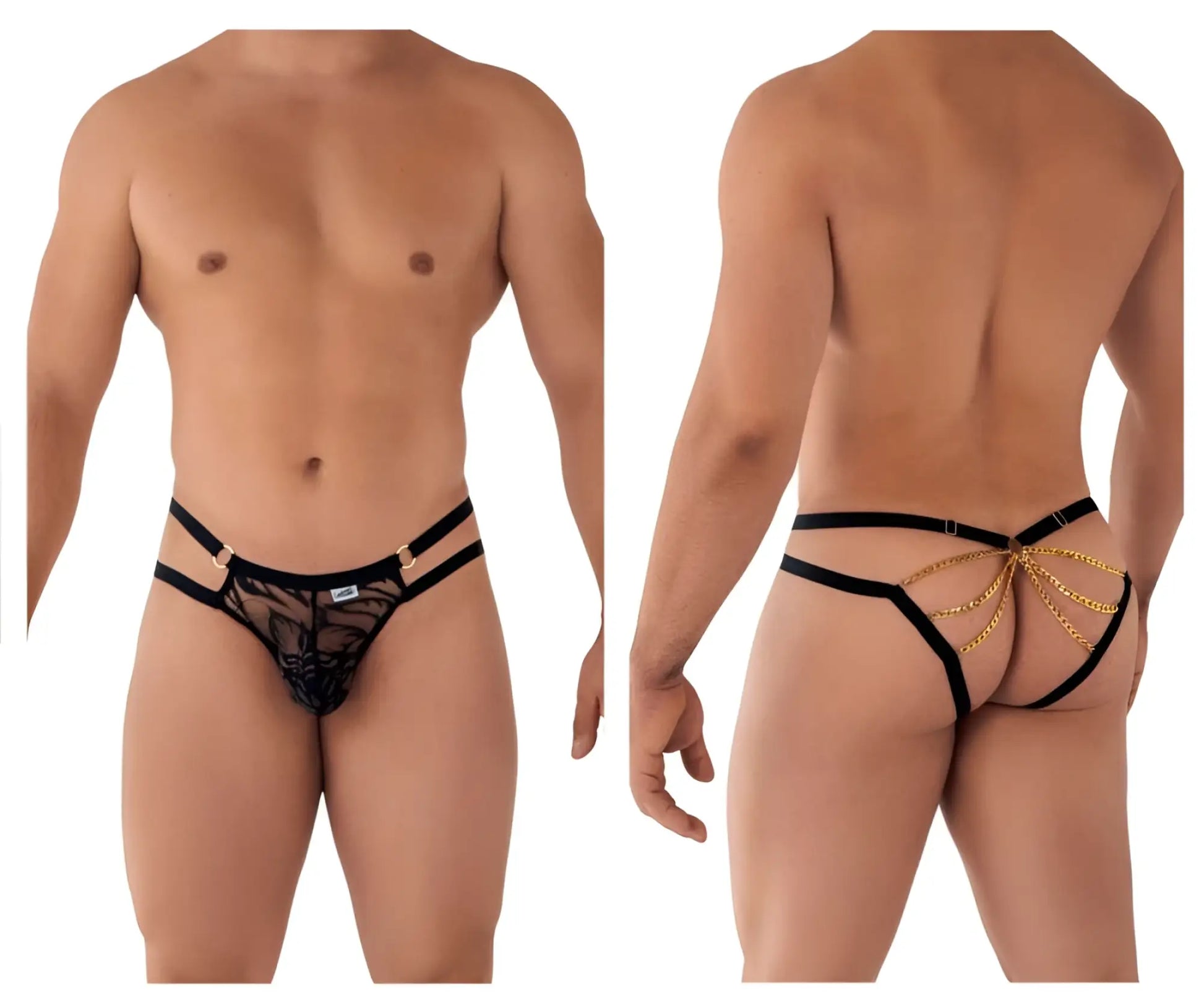 Black lace thong with gold chain detailing and adjustable straps from candyman 99598 lace and chain bikini in black