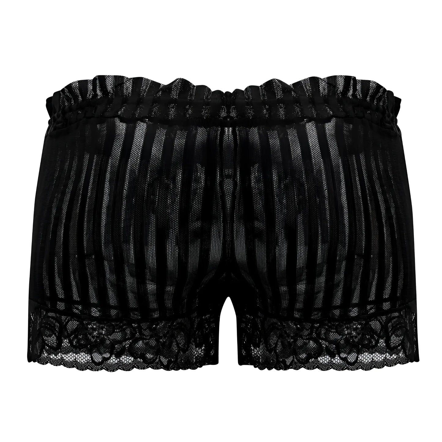 Black lace CandyMan 99601X lounge pajama shorts with ruffled elastic waistband and floral trim hem in black
