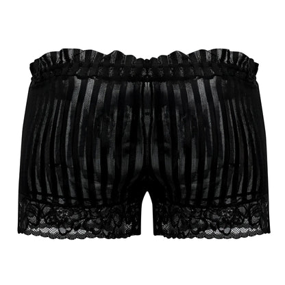 Black lace CandyMan 99601X lounge pajama shorts with ruffled elastic waistband and floral trim hem in black