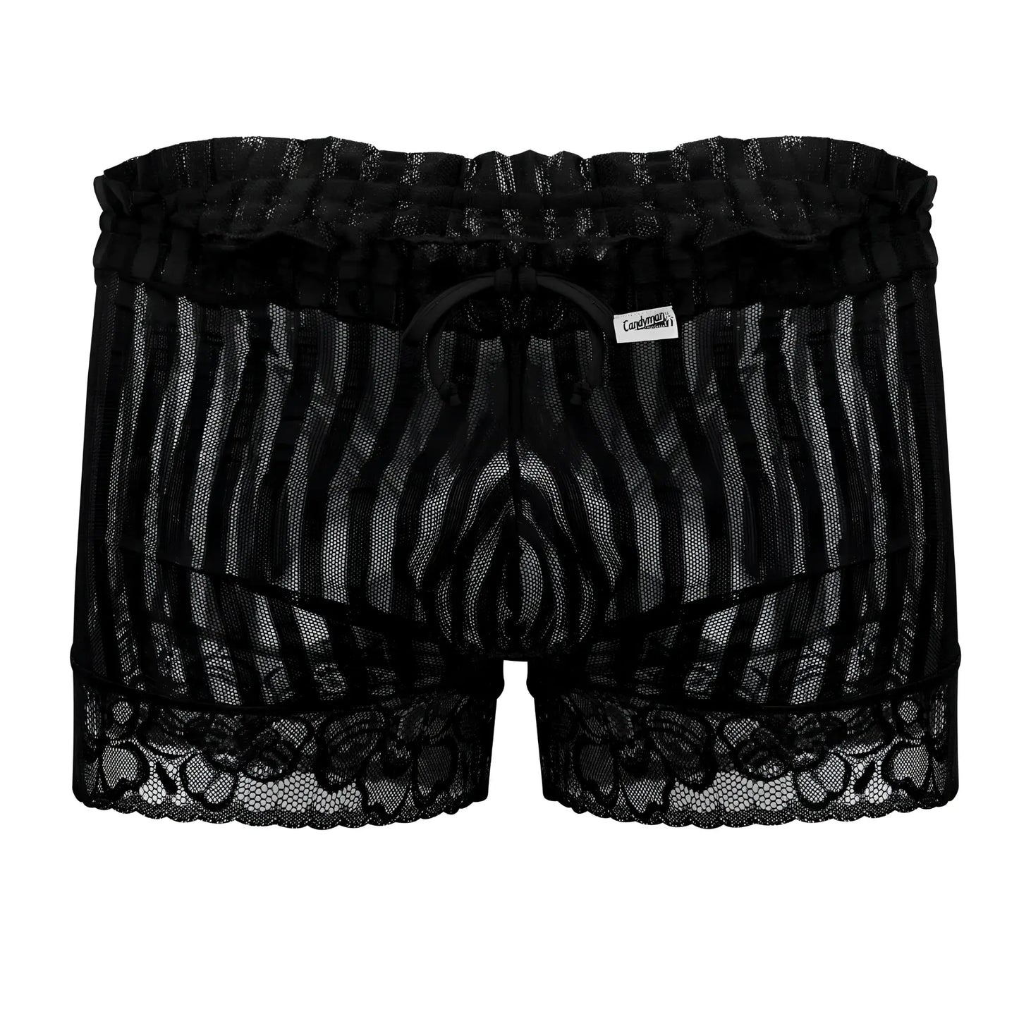 Black candyMan 99601X lounge pajama shorts with lace-trimmed mesh fabric and ruffled elastic waistband with drawstring