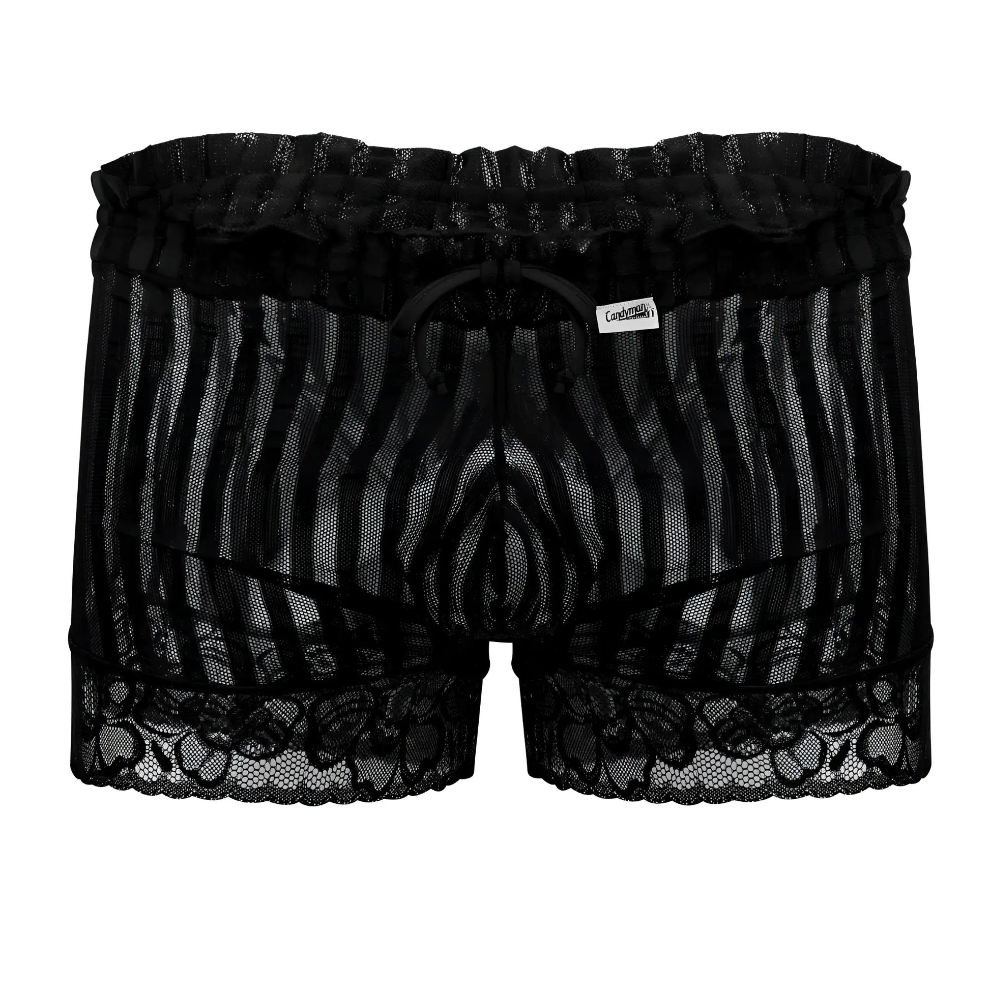 Black candyMan 99601X lounge pajama shorts with lace-trimmed mesh fabric and ruffled elastic waistband with drawstring