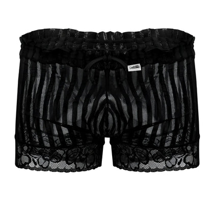 Black candyMan 99601X lounge pajama shorts with lace-trimmed mesh fabric and ruffled elastic waistband with drawstring