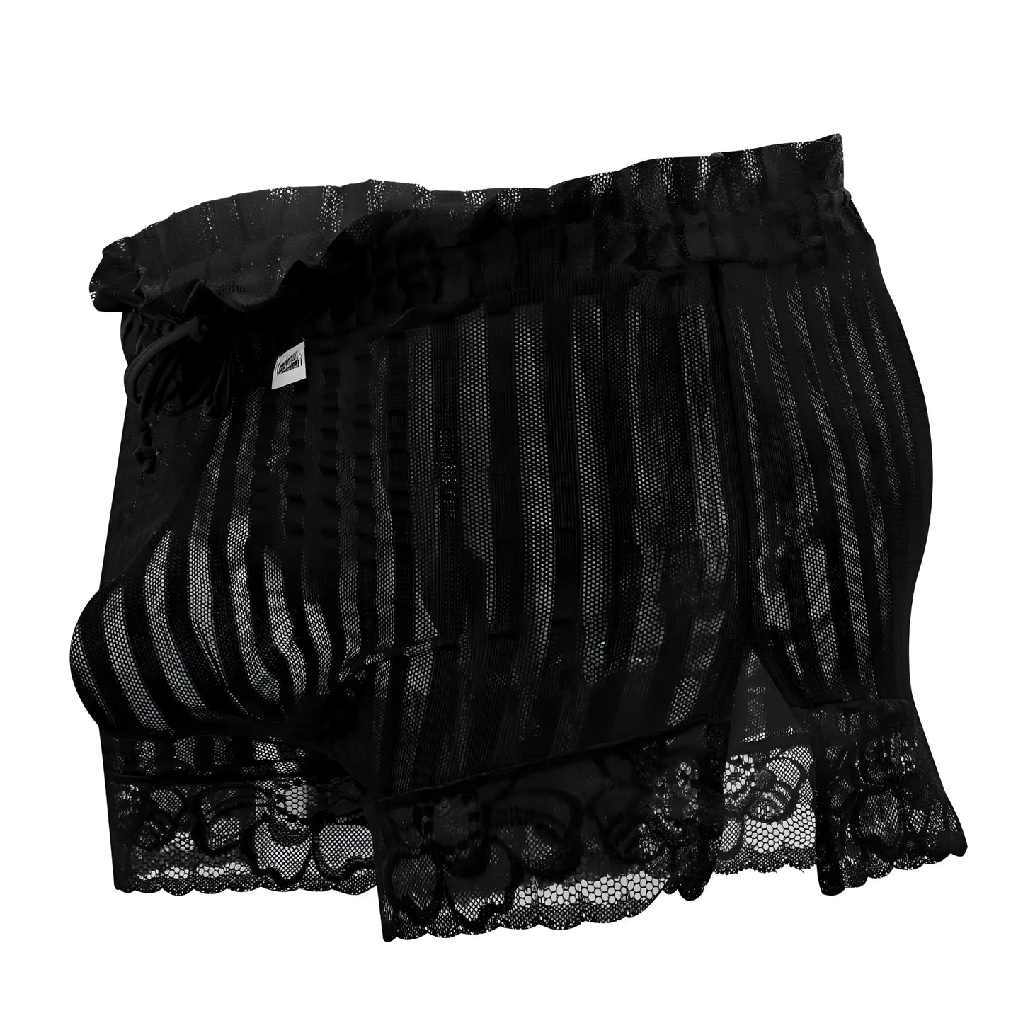 CandyMan 99601X black lounge pajama shorts with black lace-trimmed mesh, ruffled waistband, and vertical stripes