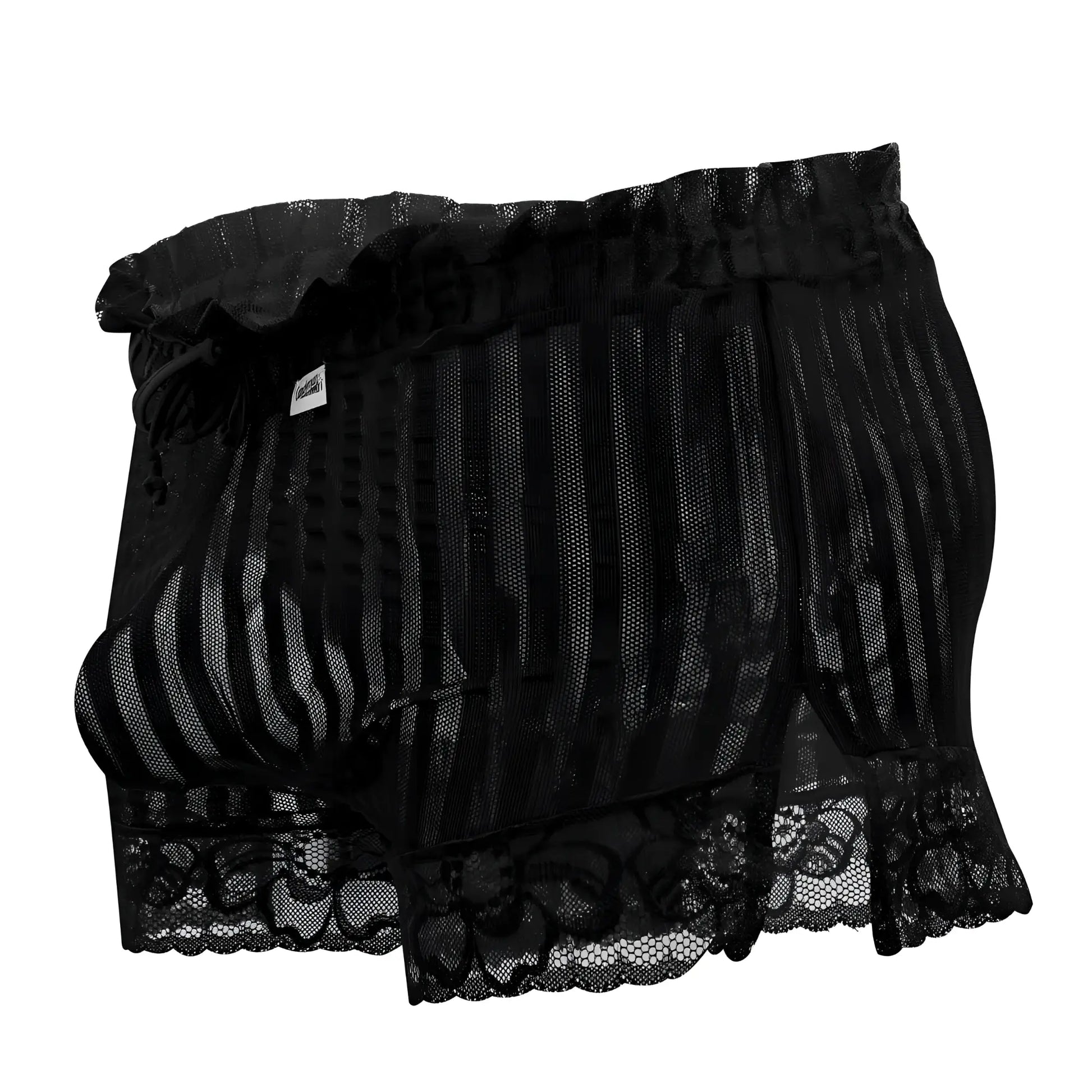 CandyMan 99601X black lounge pajama shorts with black lace-trimmed mesh, ruffled waistband, and vertical stripes