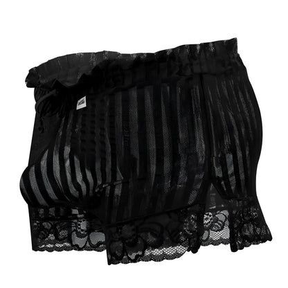 CandyMan 99601X black lounge pajama shorts with black lace-trimmed mesh, ruffled waistband, and vertical stripes