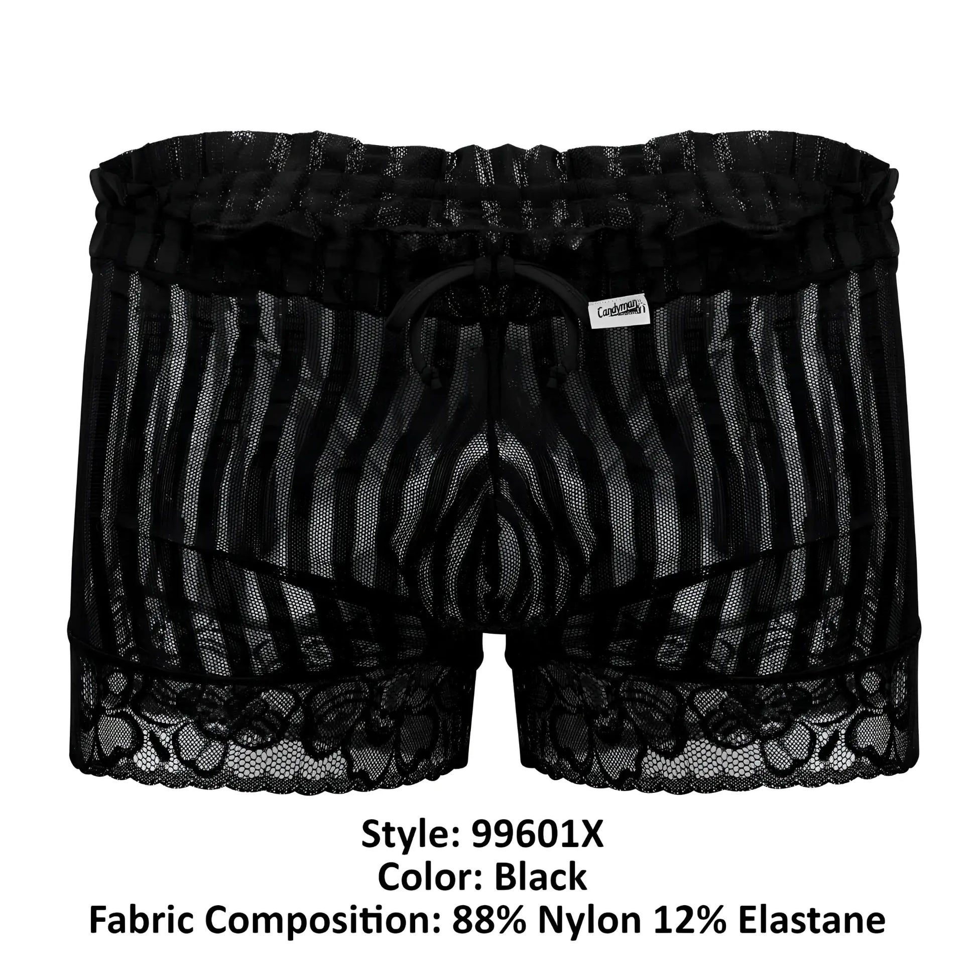 Black lace-trimmed mesh briefs with vertical stripes and elastic waistband in CandyMan 99601X lounge shorts black
