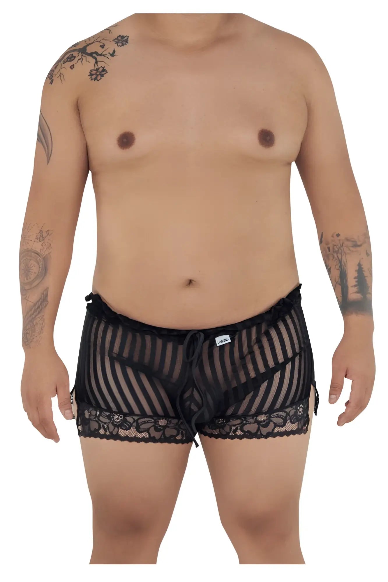 Candyman 99601x black lounge pajama shorts featuring sheer striped fabric and lace trim for comfortable wear