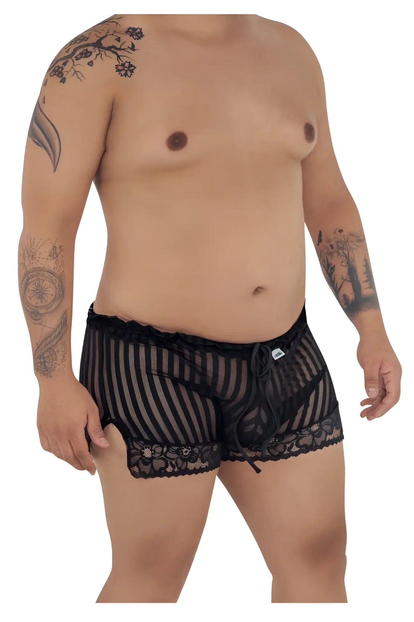 Black candyman 99601x lounge pajama shorts with sheer striped lace, scalloped hem, and floral embroidery