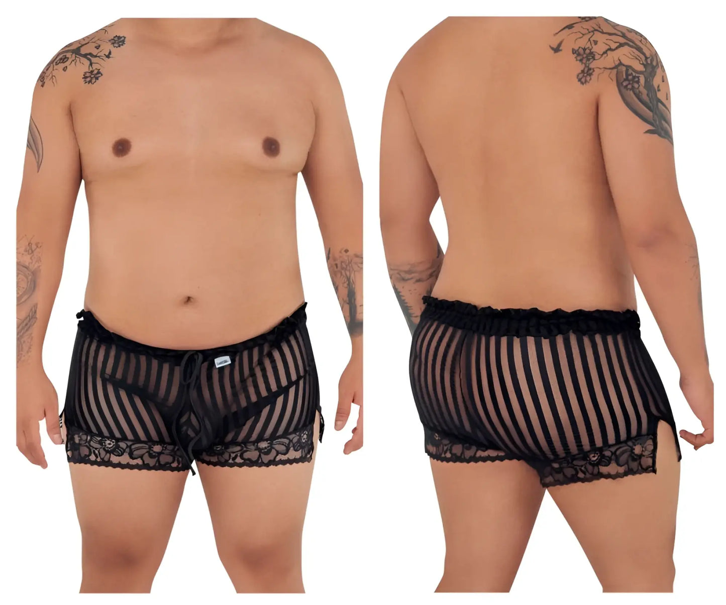 Black sheer striped lace-trimmed CandyMan 99601X men’s briefs designed for lounge pajama shorts use