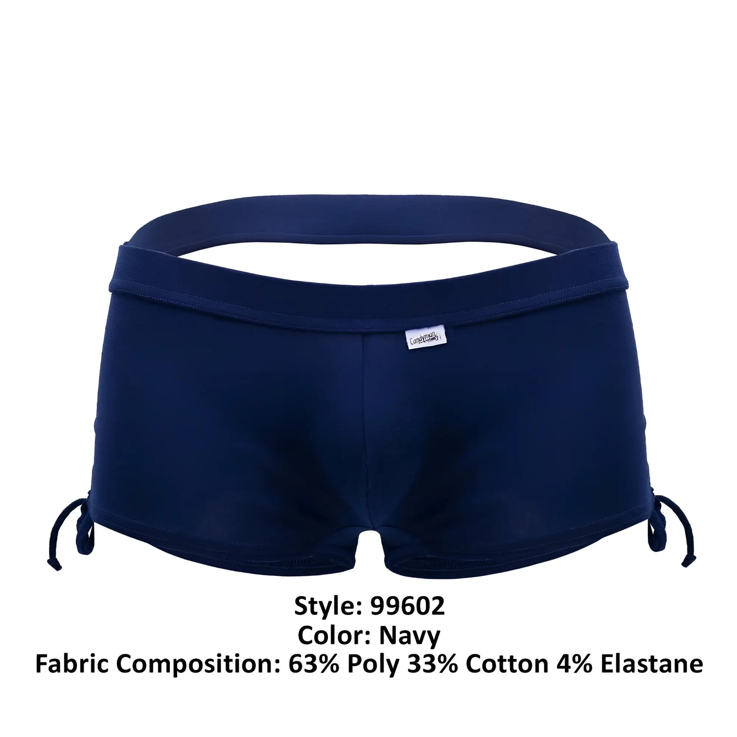 Navy blue CandyMan 99602 lounge pajama shorts with side drawstrings and a branded tag for comfortable wear