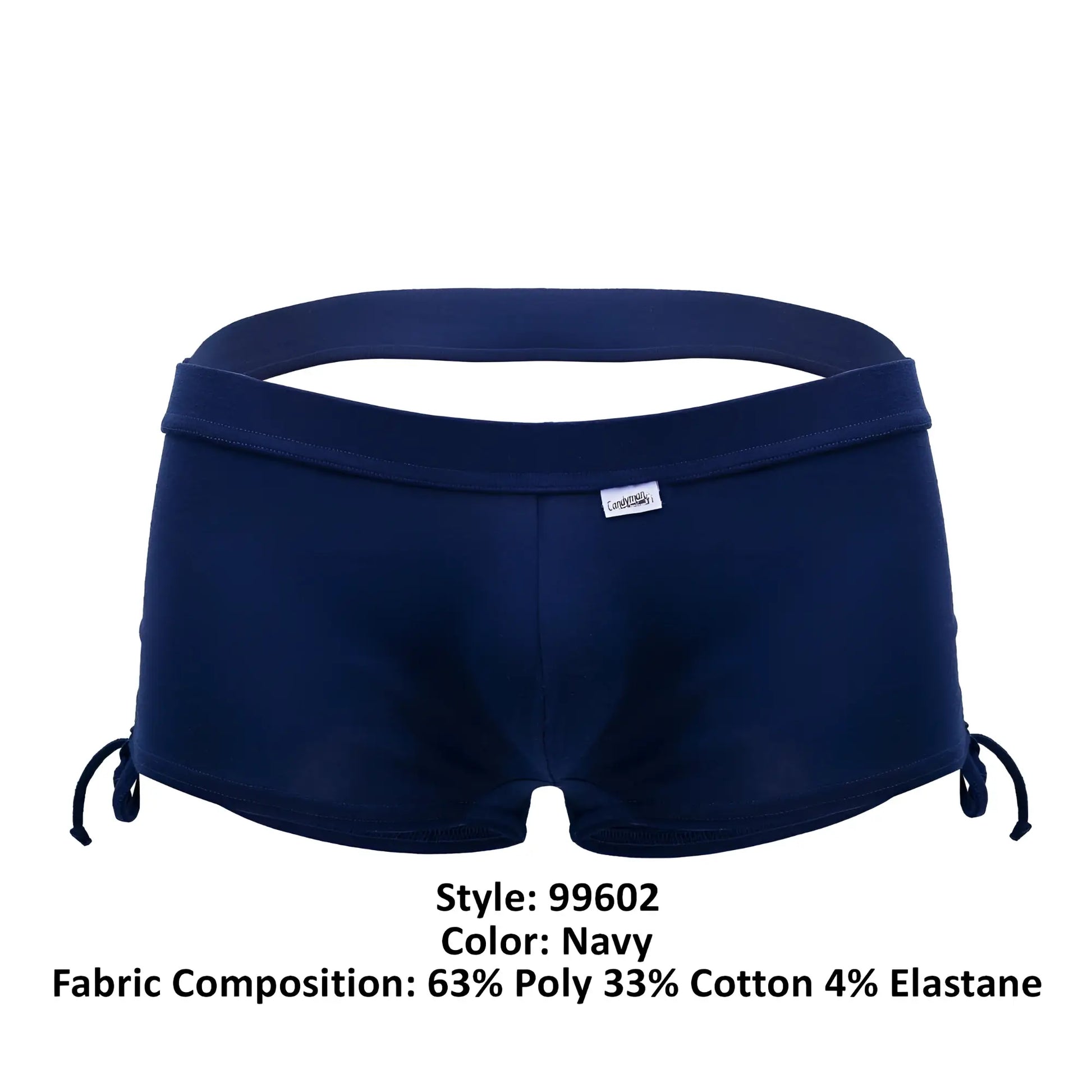 Navy blue CandyMan 99602 lounge pajama shorts with side drawstrings and a branded tag for comfortable wear