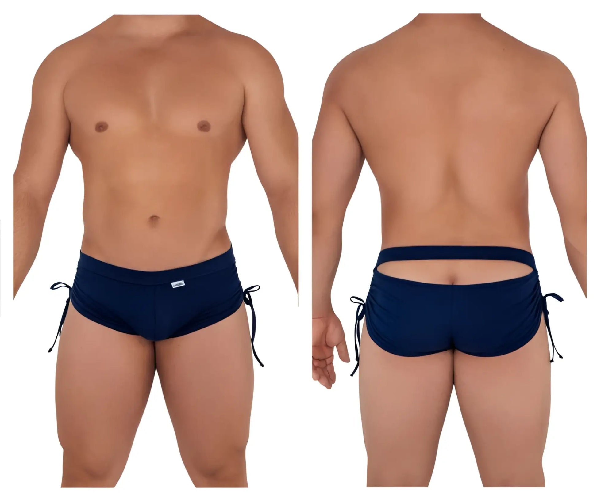 Navy blue candyman 99602 lounge pajama shorts with side ties and back cutout design shown from the back side