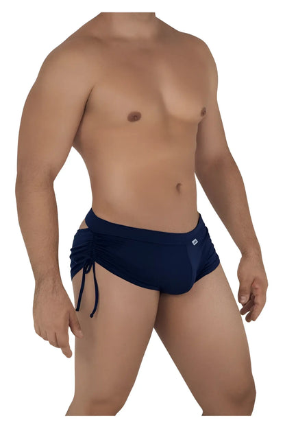 CandyMan 99602 navy lounge pajama shorts with navy blue swim trunks style, side ties, and logo waistband detail