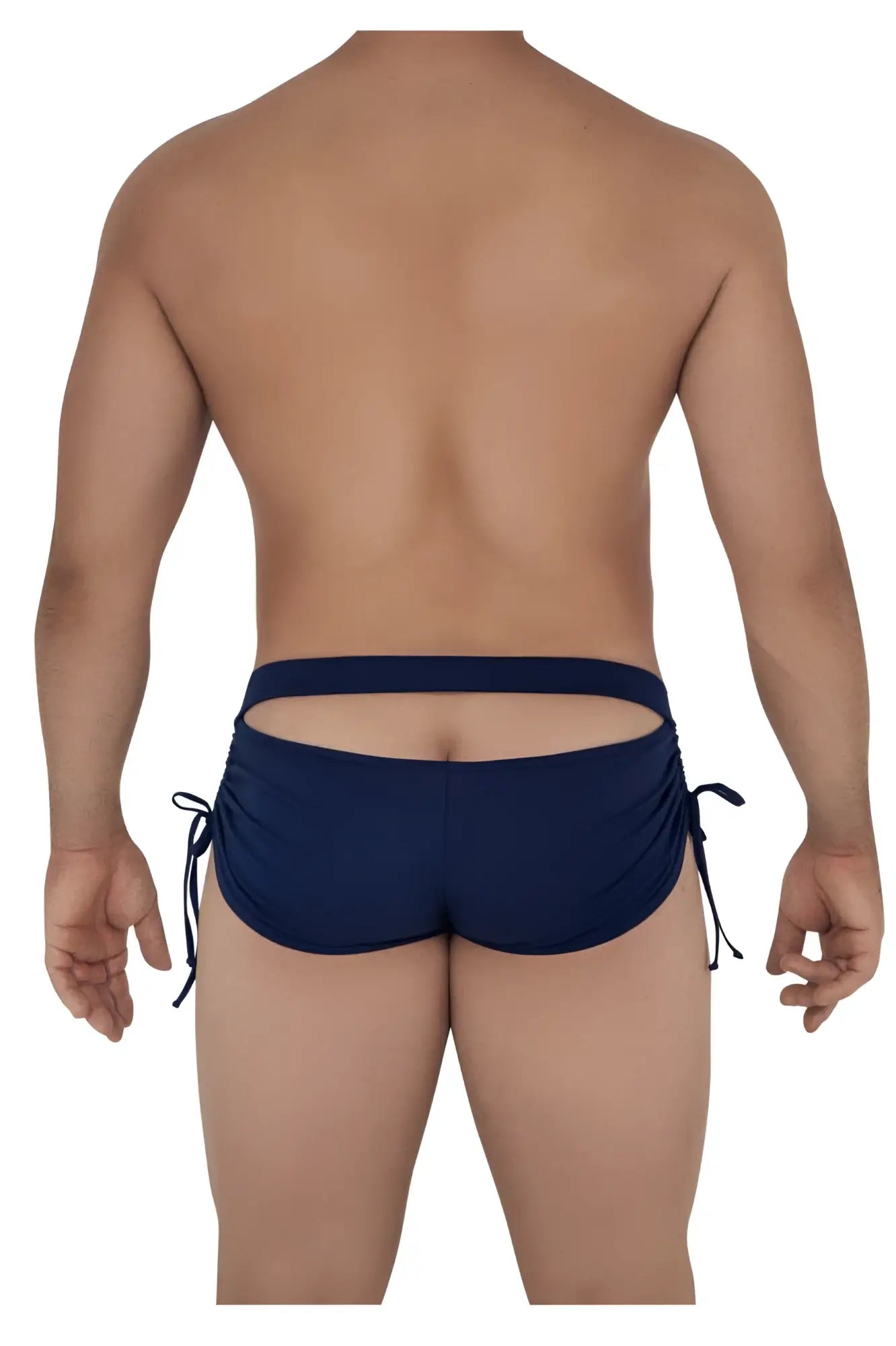 Navy candyMan 99602 lounge pajama shorts with side ties and back cutout shown from the back side