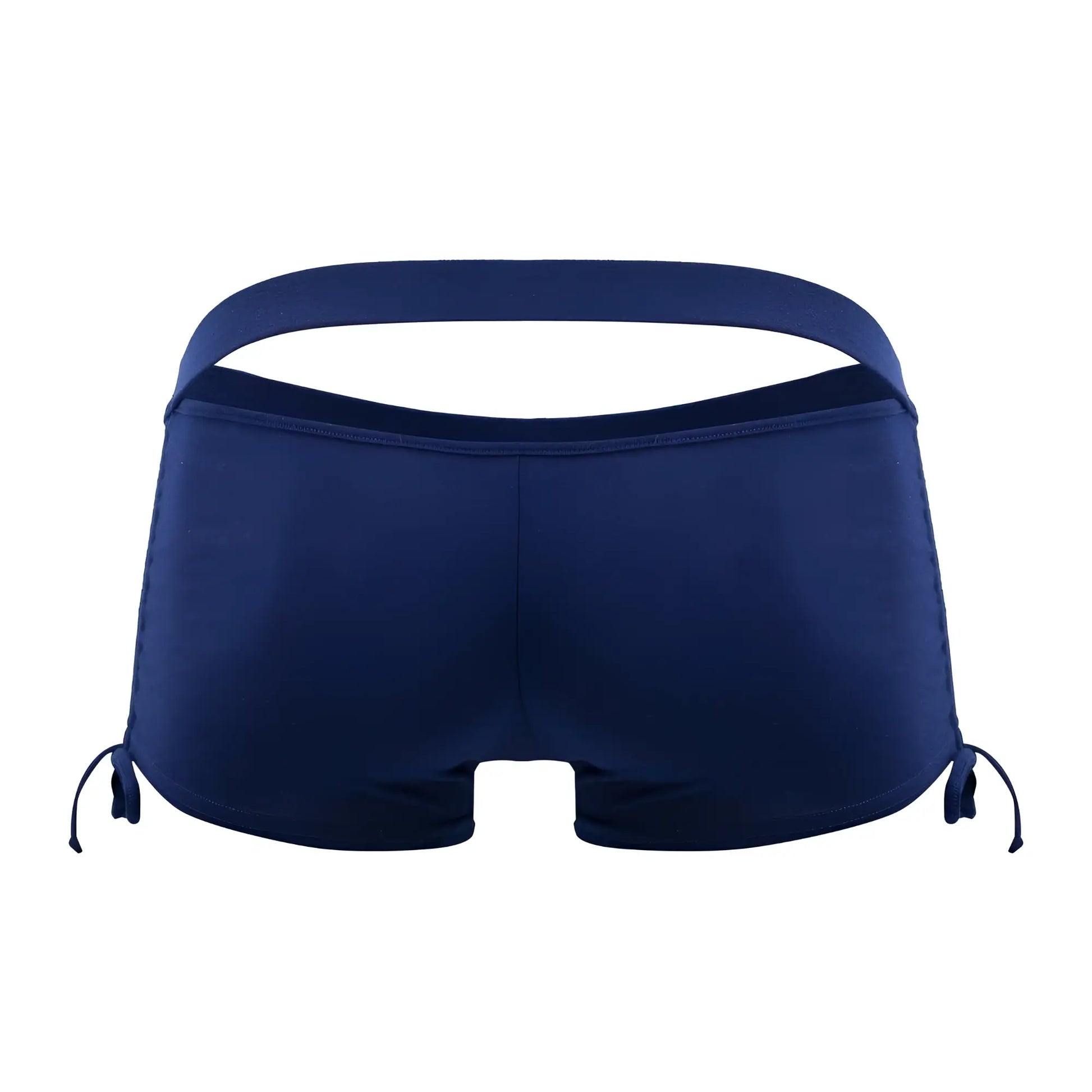 Back view of candyMan 99602X lounge pajama shorts navy blue featuring cutout back and side ties design