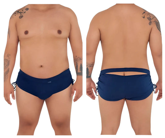 Navy blue candyman 99602x lounge pajama shorts with side ties and back cutout design shown from the back side