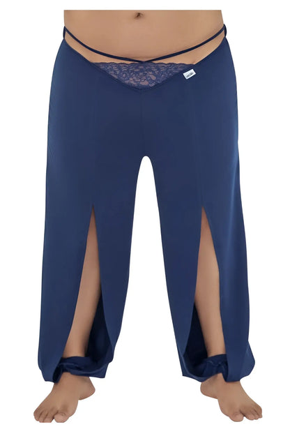 Navy candy man 99603x wide-leg lounge pajama pants with lace trim at waistband and tied cuffs