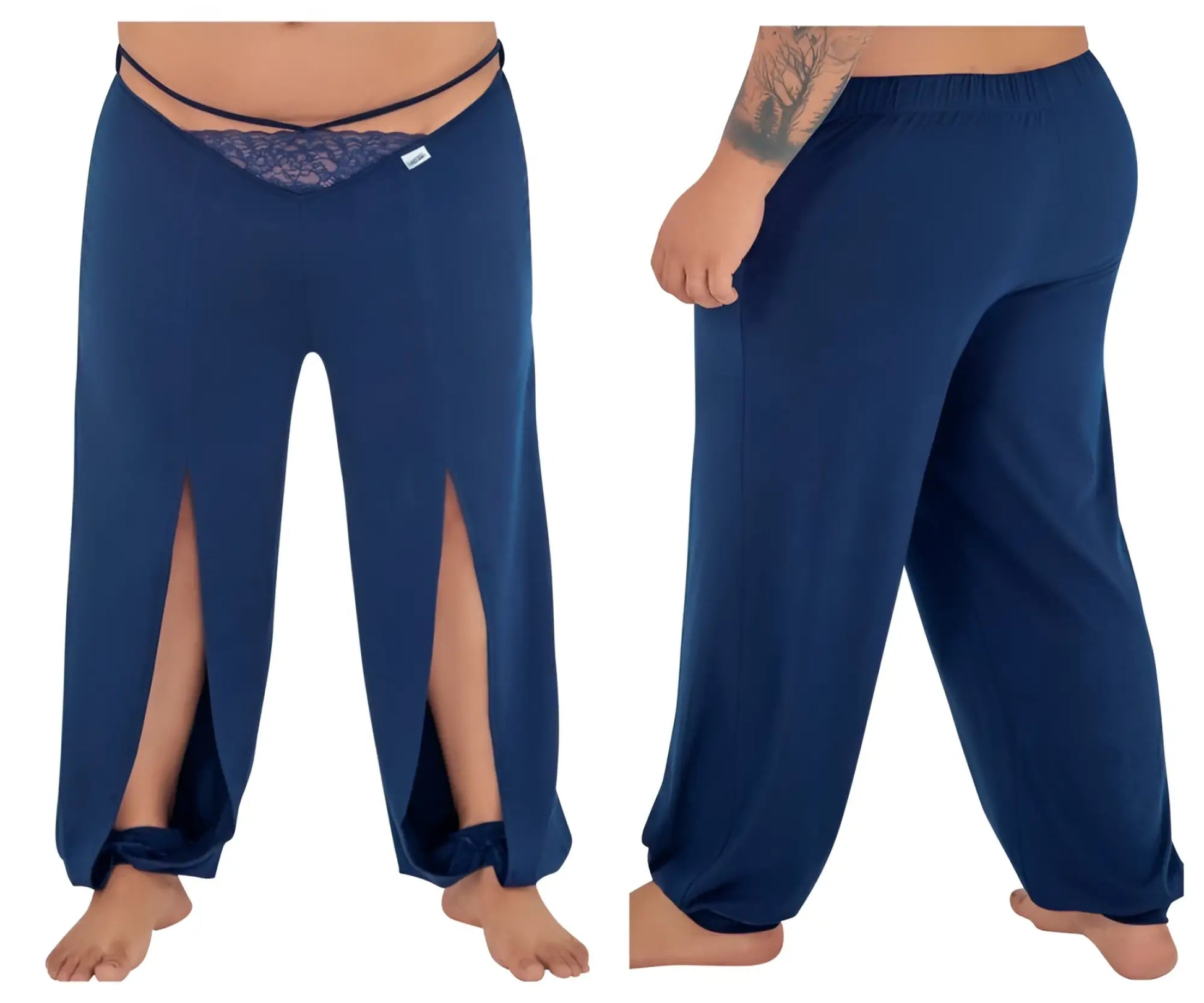 CandyMan 99603X navy lounge pajama pants with wide-leg fit lace trim waistband and side slits