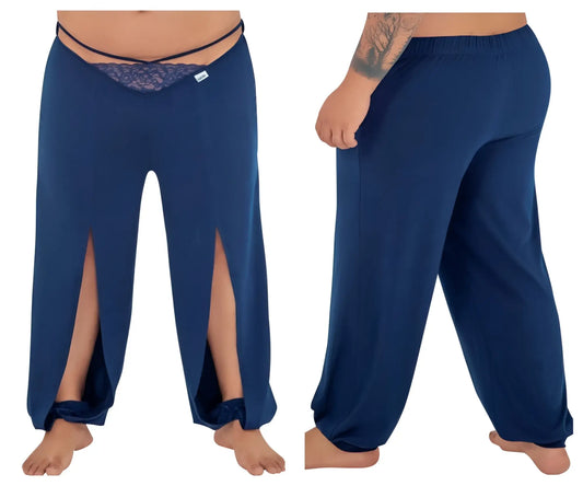 CandyMan 99603X navy lounge pajama pants with wide-leg fit lace trim waistband and side slits