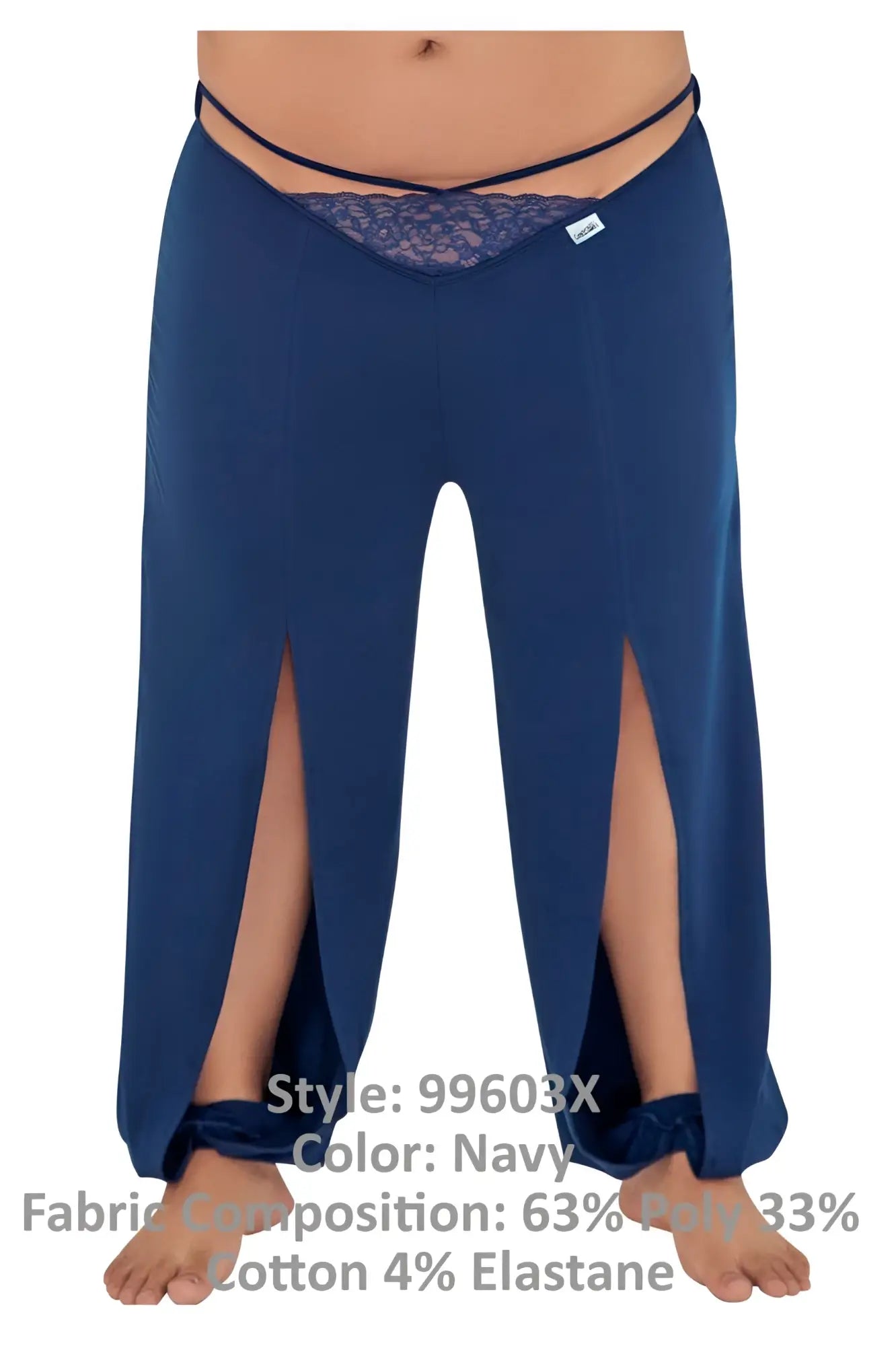 Navy candyMan 99603X wide-leg lounge pajama pants with lace trim, side slits, made from polyester cotton elastane blend