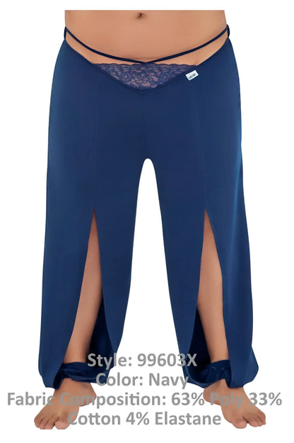 Navy candyMan 99603X wide-leg lounge pajama pants with lace trim, side slits, made from polyester cotton elastane blend