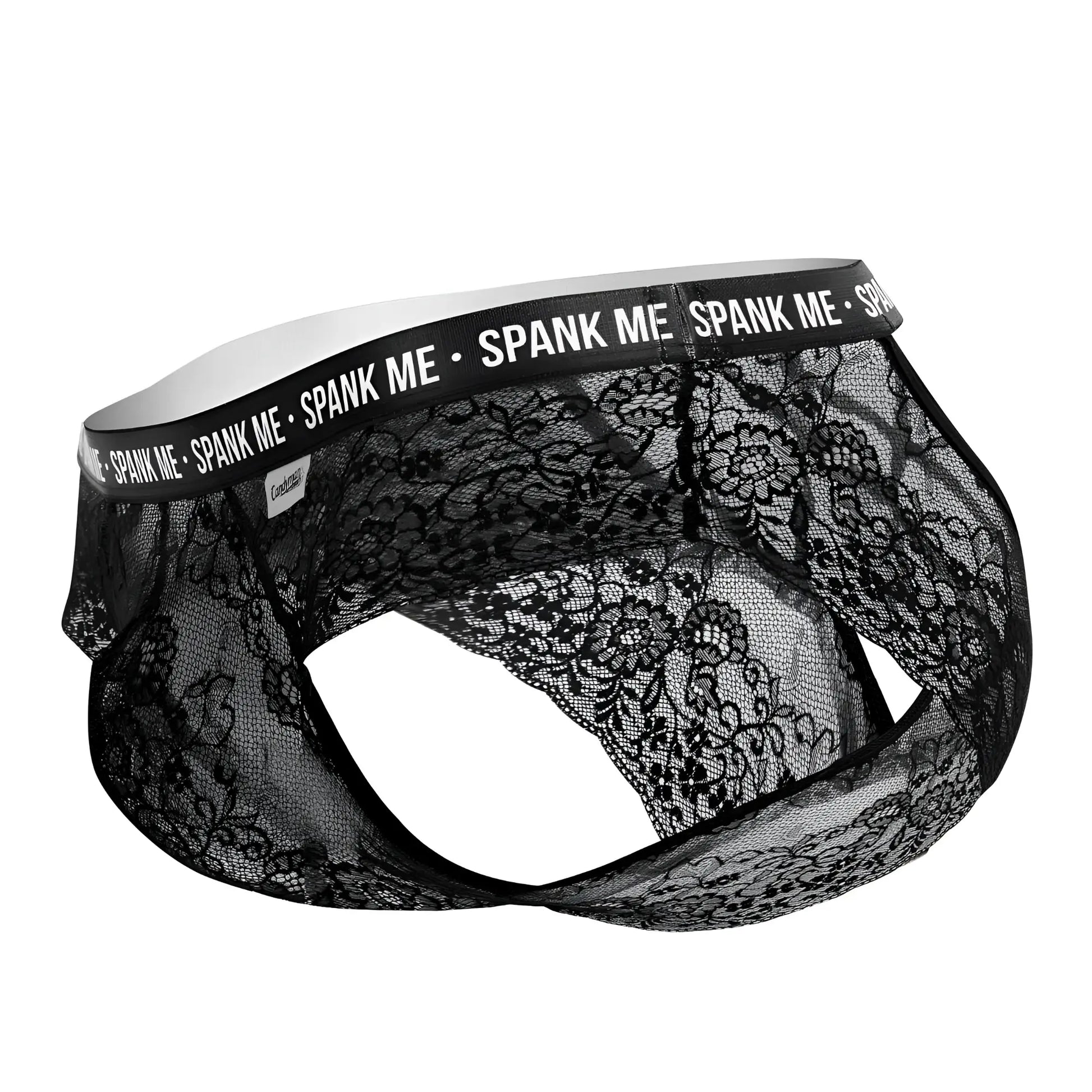 Black lace men’s briefs with spank me branded elastic waistband candyMan 99615X lace briefs in black