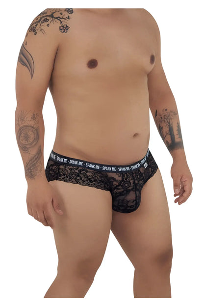 Black lace men’s briefs with spank me waistband candyMan 99615X in black, designed for bold lingerie style