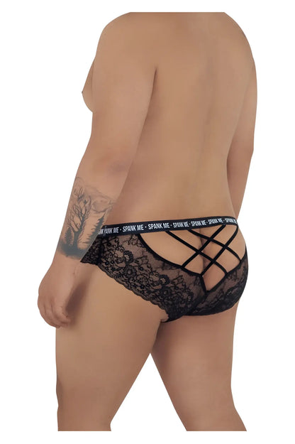 Black lace men’s underwear with crisscross back design and spank me elastic waistband by candyman