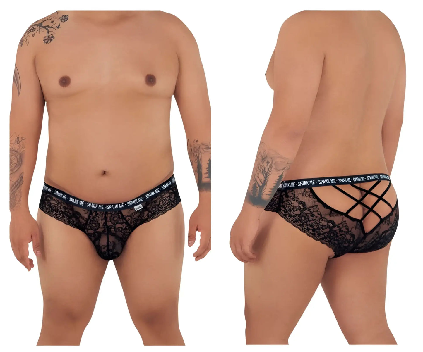 Black lace mens briefs with crisscross back design and spank me branding on waistband candyMan 99615X