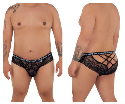 Black lace mens briefs with crisscross back design and spank me branding on waistband candyMan 99615X