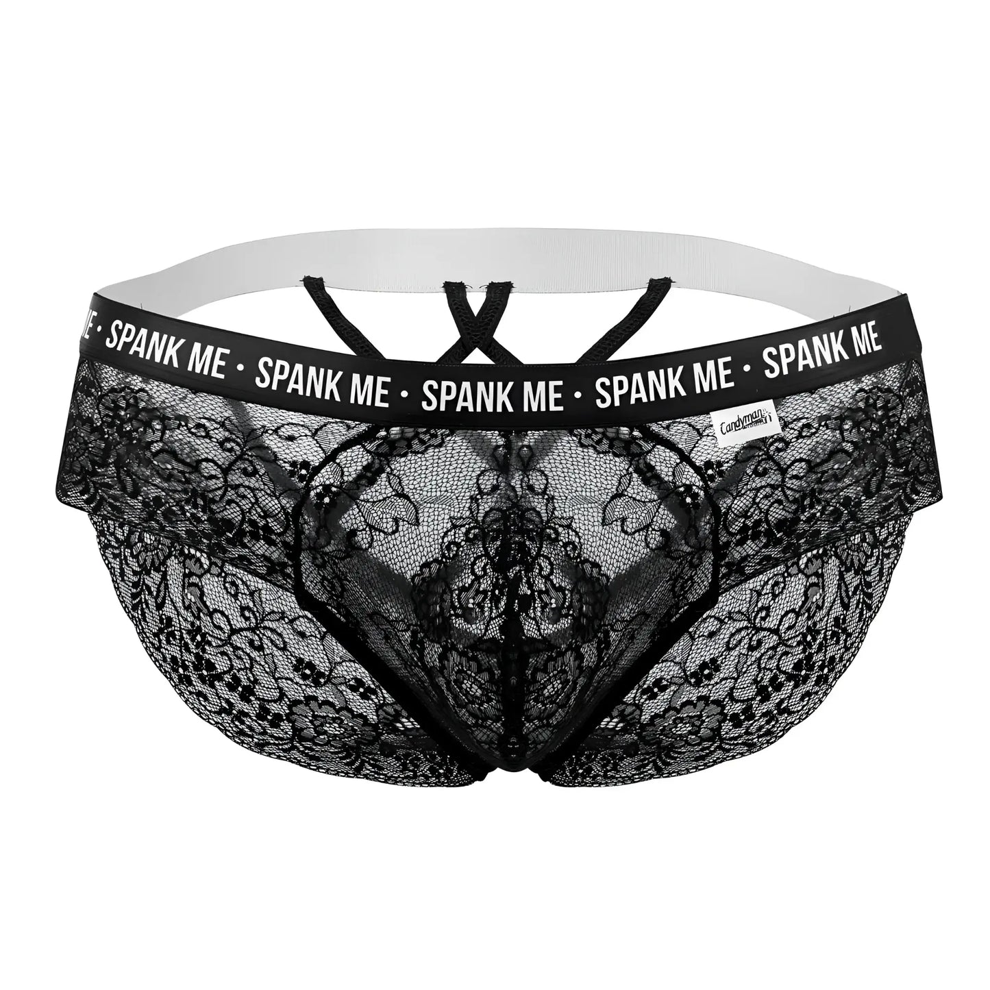 Black lace men’s underwear with white elastic waistband and spank me printed in white candyMan 99615X briefs