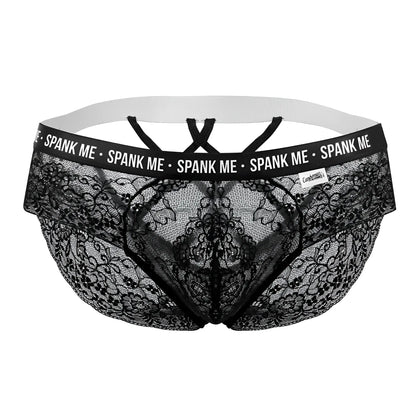 Black lace men’s underwear with white elastic waistband and spank me printed in white candyMan 99615X briefs