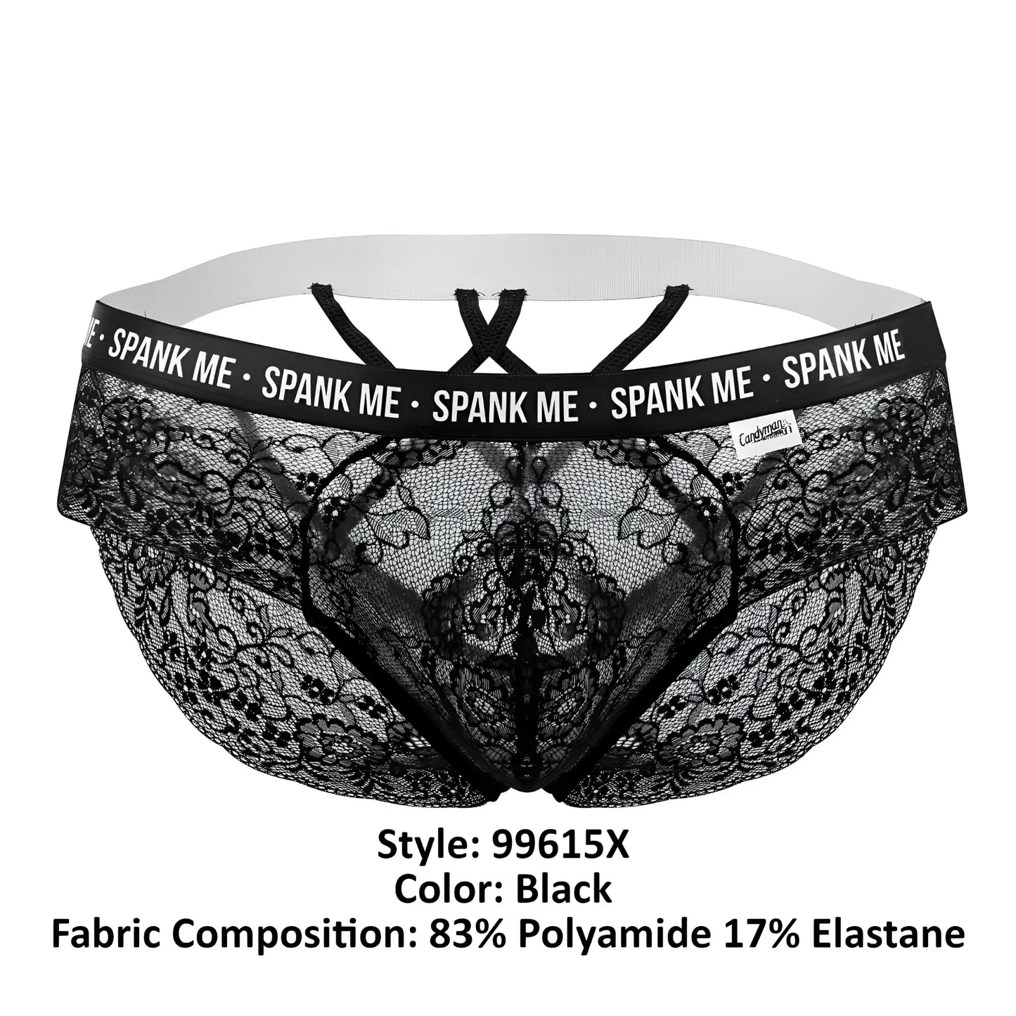 Black lace briefs with white elastic waistband and spank me branding on black trim candyMan 99615X in black