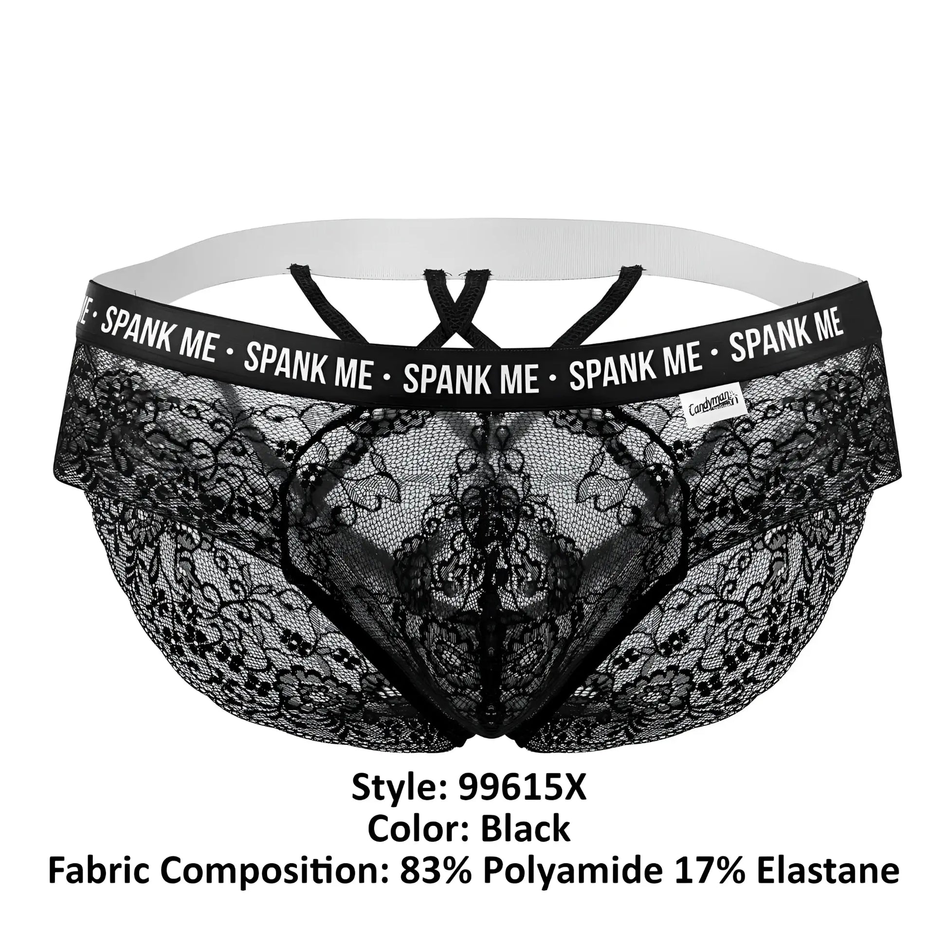 Black lace briefs with white elastic waistband and spank me branding on black trim candyMan 99615X in black