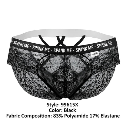 Black lace briefs with white elastic waistband and spank me branding on black trim candyMan 99615X in black