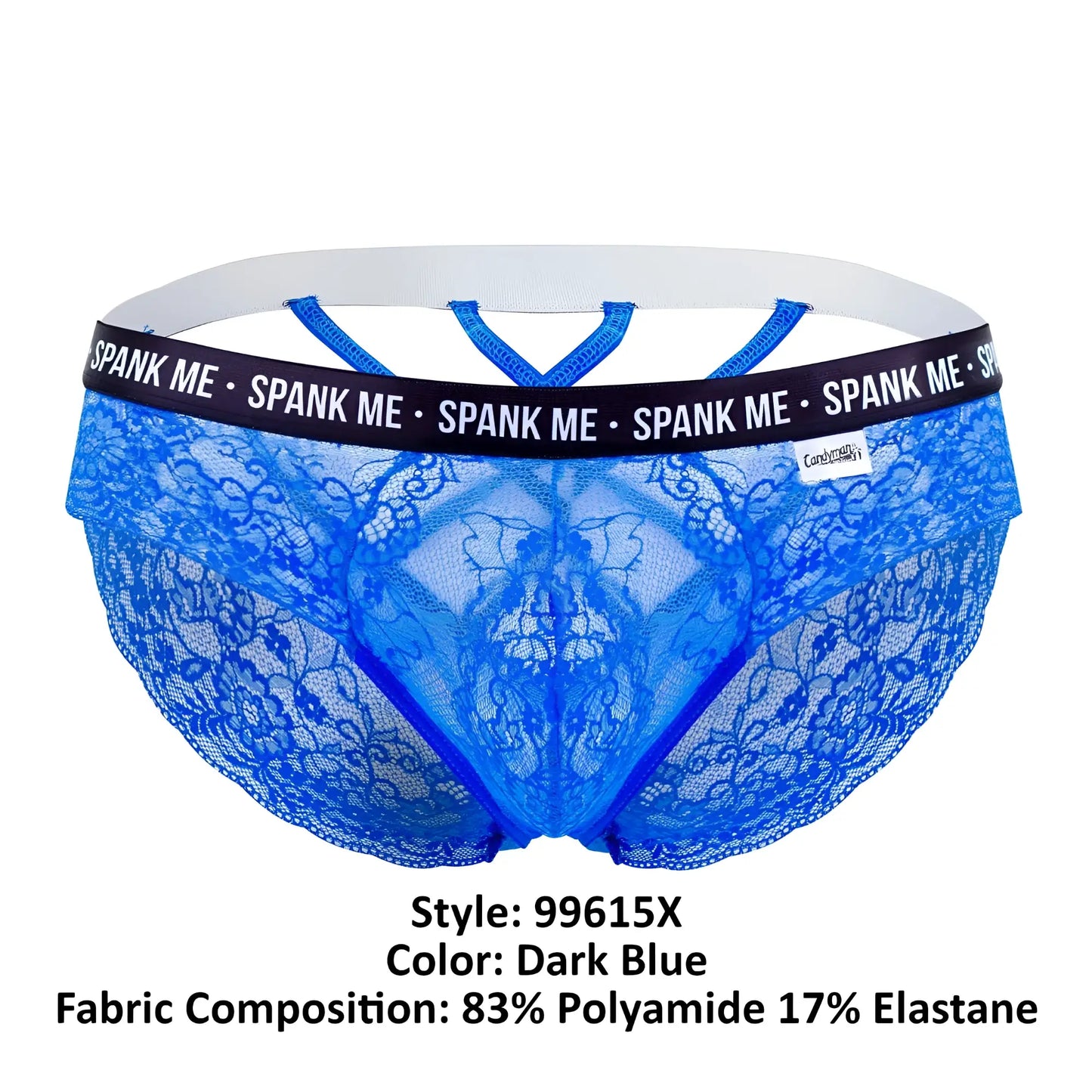 Dark blue CandyMan 99615X spank me lace briefs with white elastic waistband and branding on the band