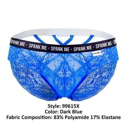 Dark blue CandyMan 99615X spank me lace briefs with white elastic waistband and branding on the band