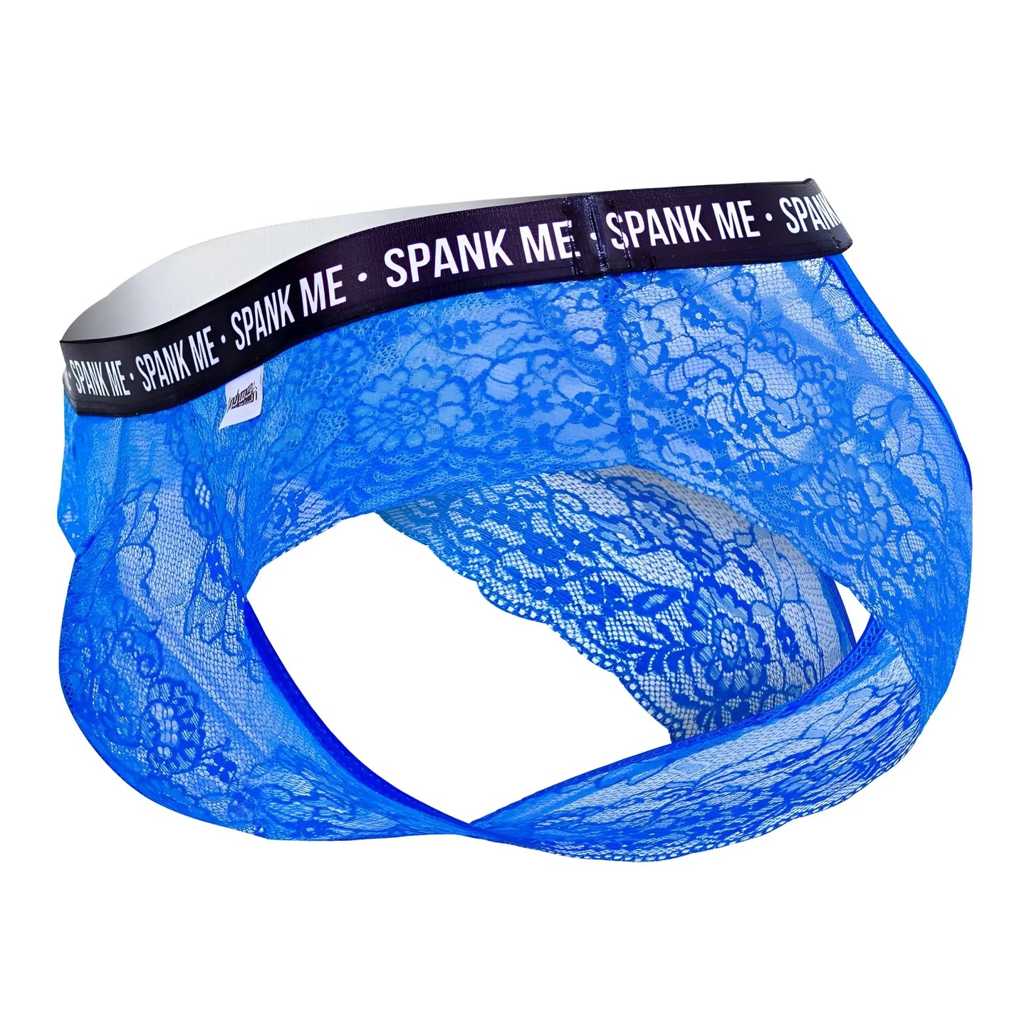 CandyMan 99615X spank me lace briefs in dark blue with black waistband featuring spank me text for men
