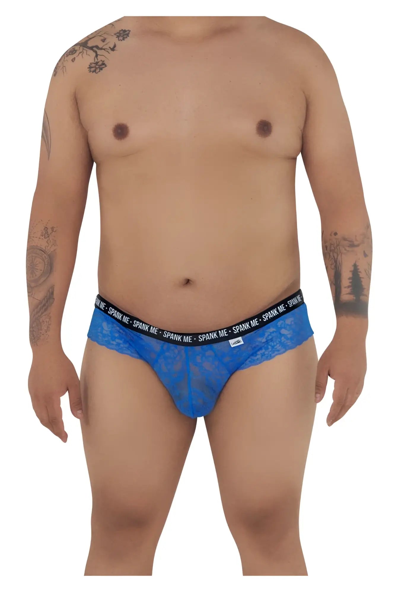 Dark blue CandyMan 99615X spank me lace briefs for men featuring black elastic waistband with spank me logo