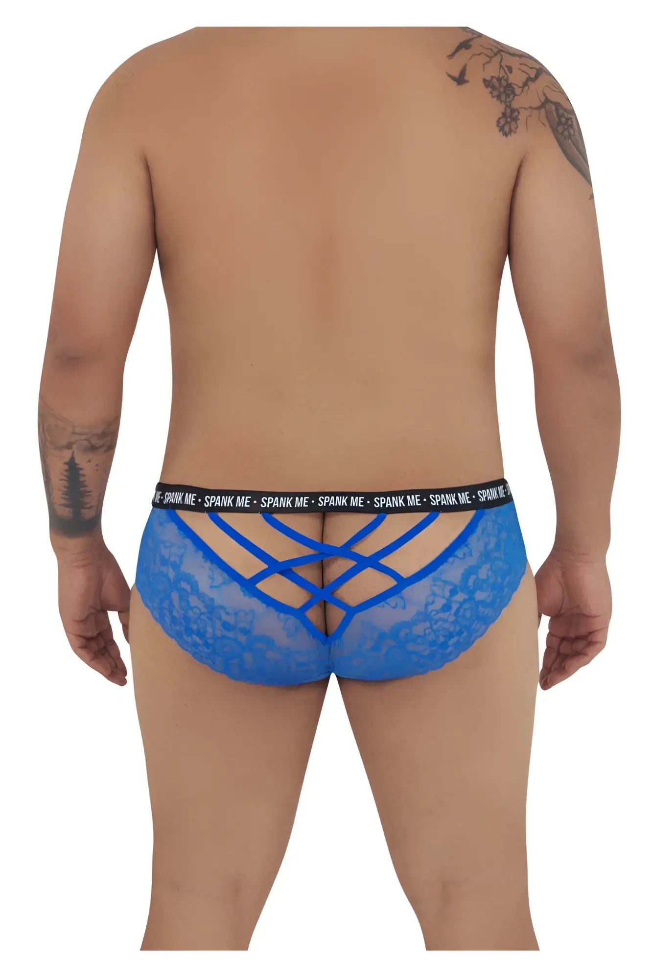 Back view of candyman 99615x spank me lace briefs in dark blue with crisscross design and black elastic waistband