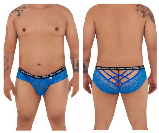 Back view of dark blue candyman 99615x spank me lace briefs with crisscross design and black branded waistband