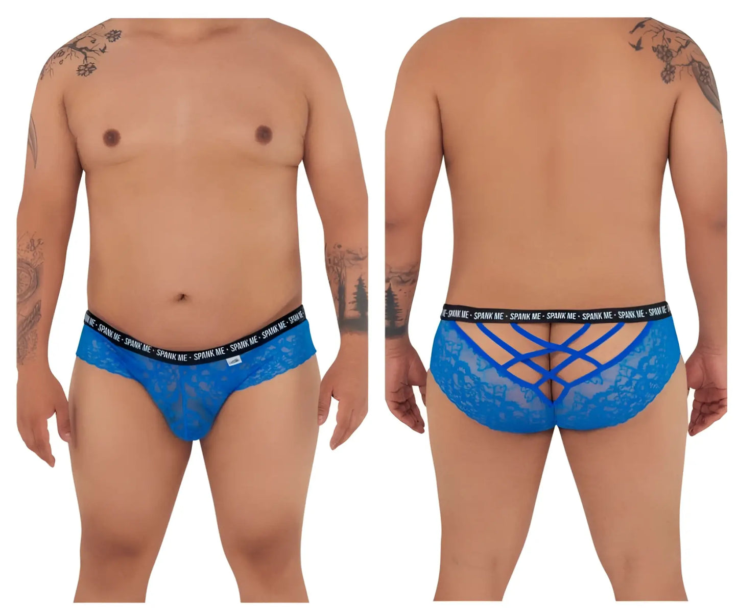 Back view of candyman 99615x spank me dark blue lace men’s briefs with crisscross design and black elastic waistband