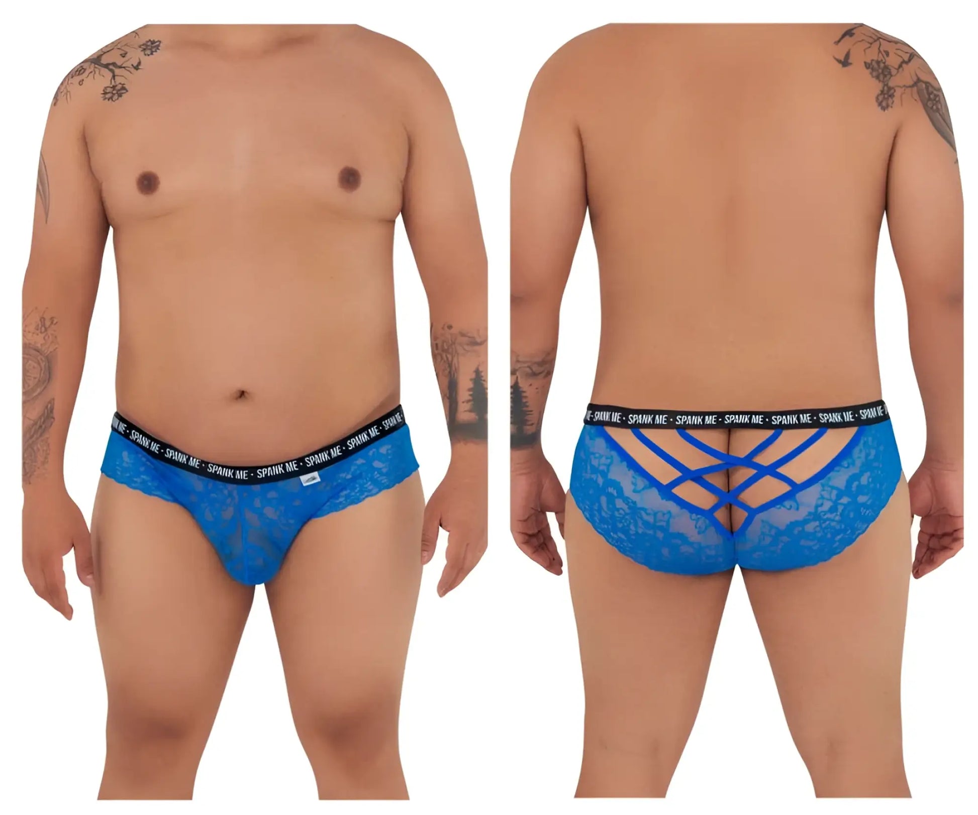 Back view of candyman 99615x spank me dark blue lace men’s briefs with crisscross design and black elastic waistband
